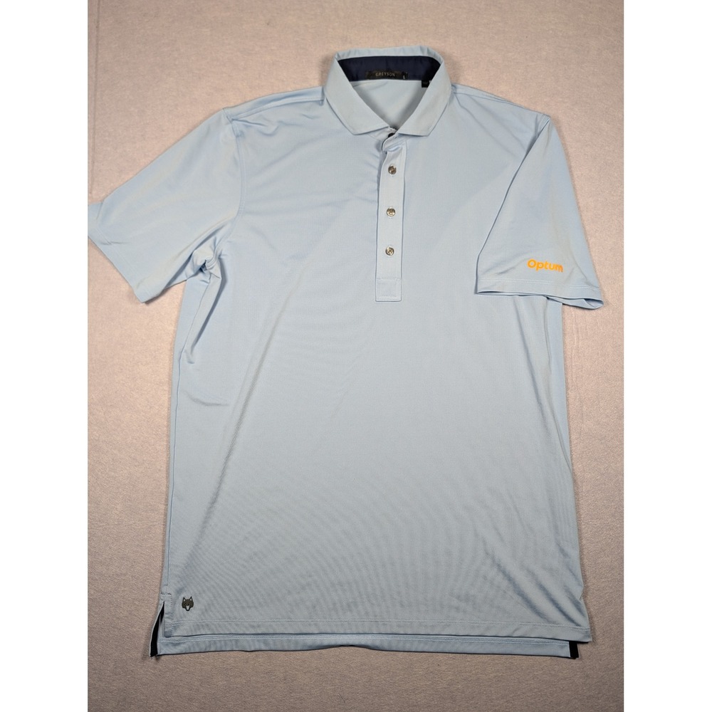 Greyson Polo Shirt Men Large Light Blue Optum Logo Performance Golf Excellent